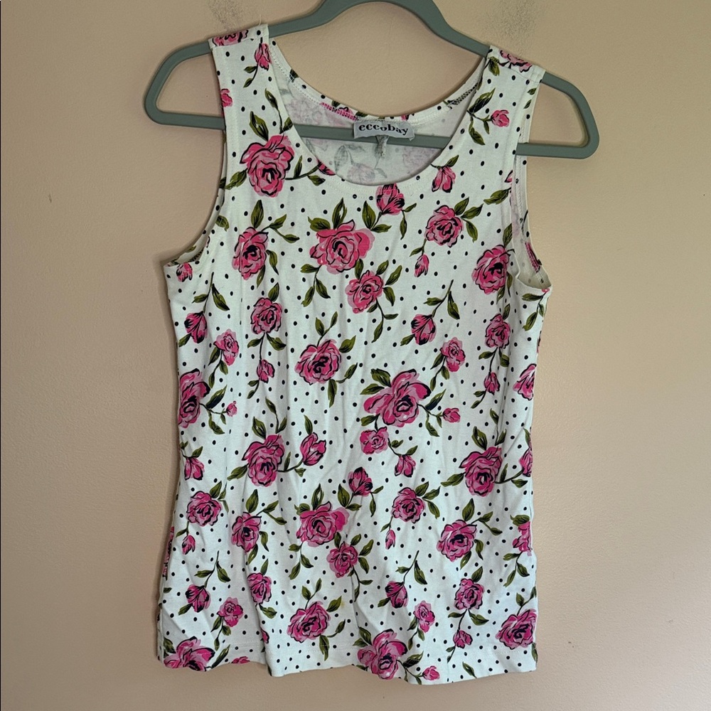 Ecco Floral Scoop Neck Tank — White with Pink Roses